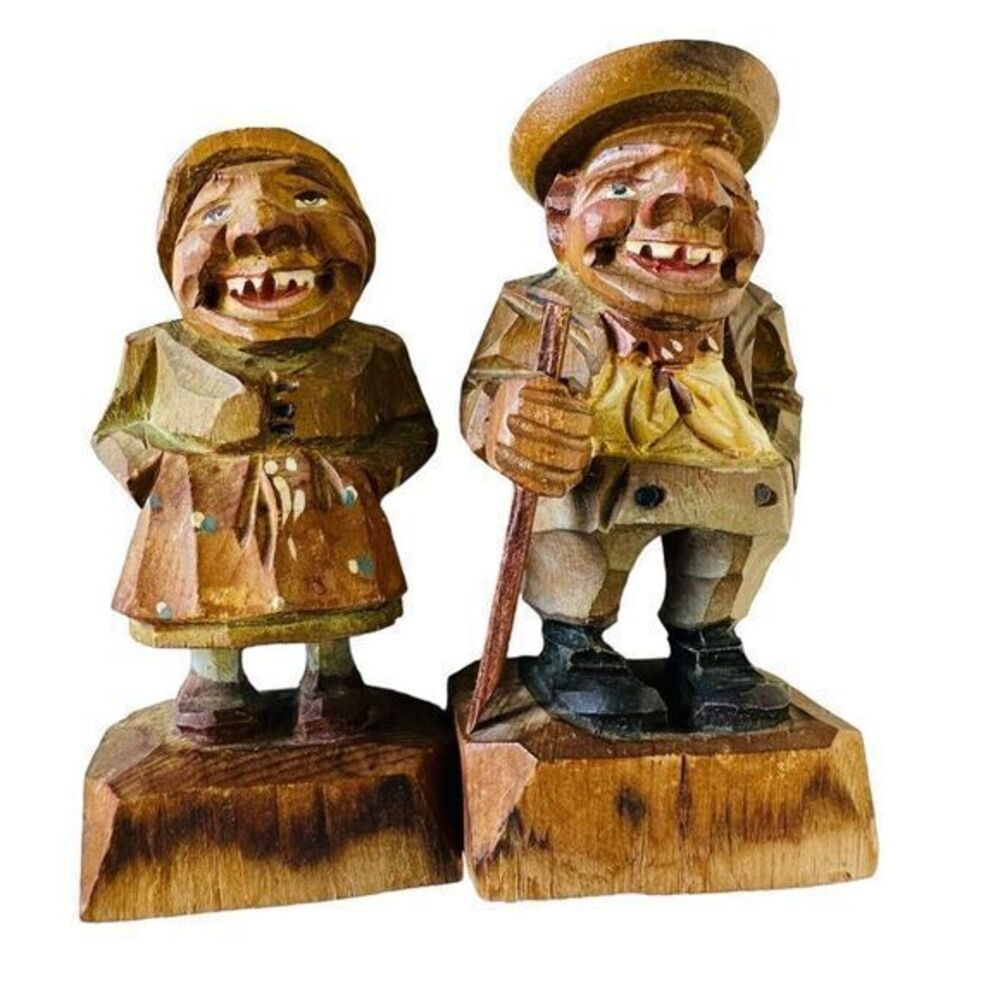 ANRI Wood Carvings Man With Walking Stick & Woman Teeth Smile Folk Art Italy
